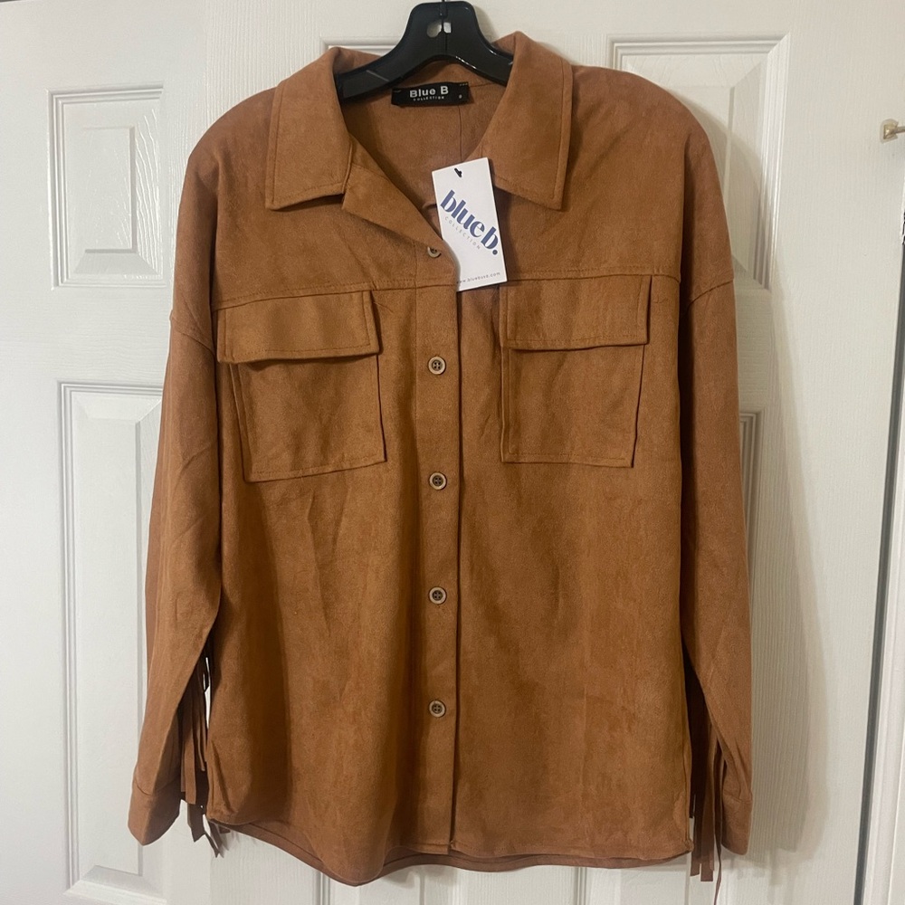 Blue B. Faux Suede Button-Up Shacket in Cognac